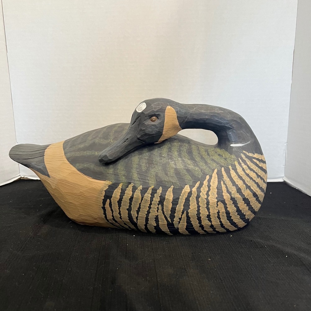 Hand Carved Wood Canada Goose Decoy Hand Painted Rustic Sleeping Waterfowl 16in